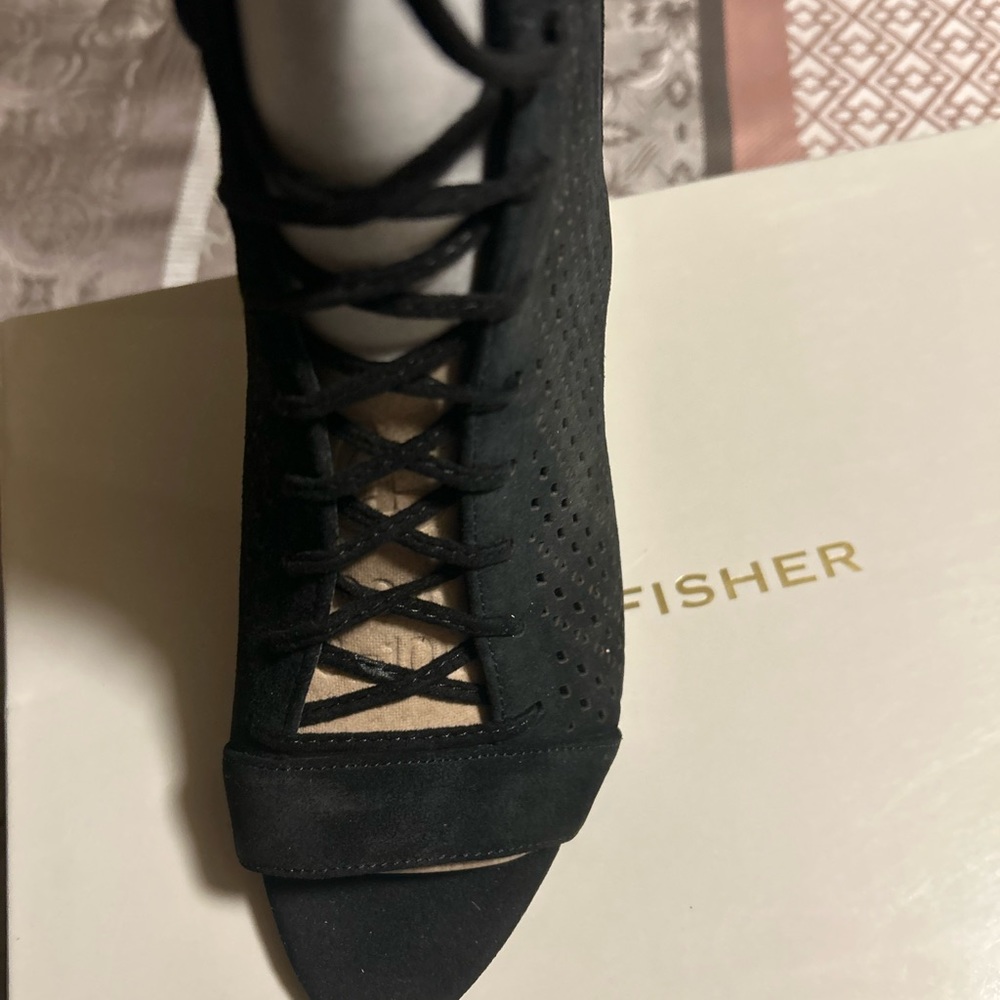 Marc Fisher Sature perforated black suede. Still in box with original packaging